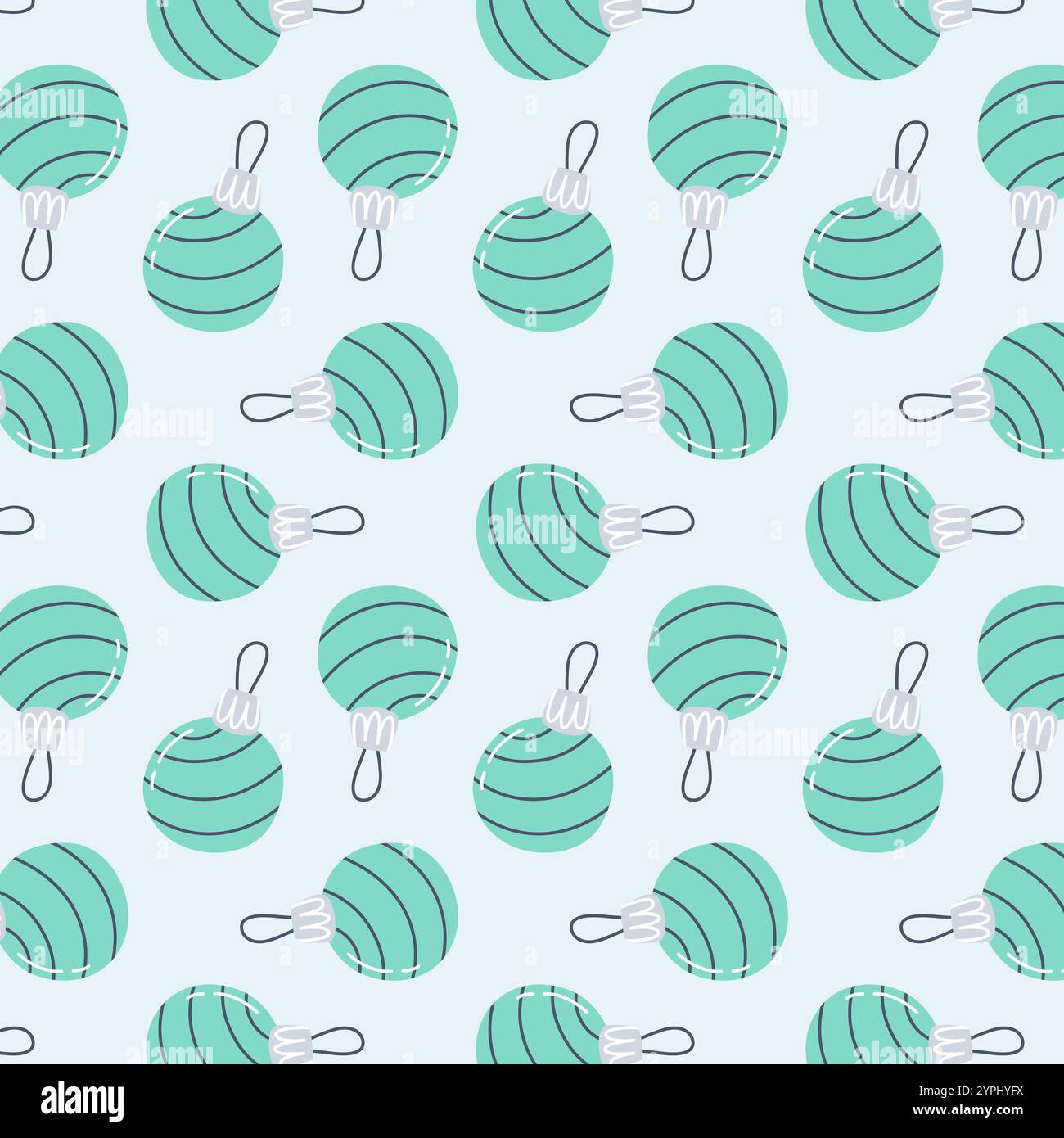 Nahtloses Muster mit blaugrünen Weihnachtskugeln mit dezenten Liniendesigns auf hellblauem Hintergrund. Perfekt für festliches Geschenkpapier und Dekor. Stock Vektor