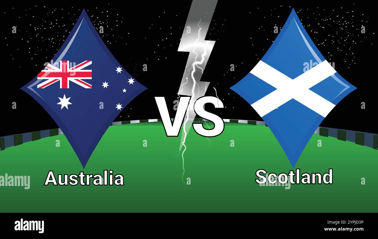 Spiel Stadion und Sky Stars Thunder Flash mit Australien gegen Schottland Stock Vektor