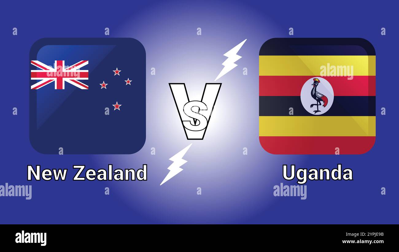 Neuseeland vs. Uganda 3D-Illustrationsvektorflaggen in schattiertem abgerundetem Rechteck mit Flash vs. Match Stock Vektor