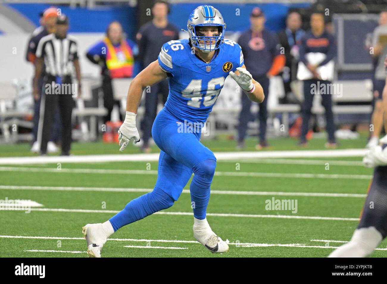 DETROIT, MI - 28. NOVEMBER: Detroit Lions LB Jack Campbell (46) in Aktion während des Spiels zwischen Chicago Bears und Detroit Lions am 28. November 2024 im Ford Field in Detroit, MI (Foto: Allan Dranberg/CSM) Stockfoto