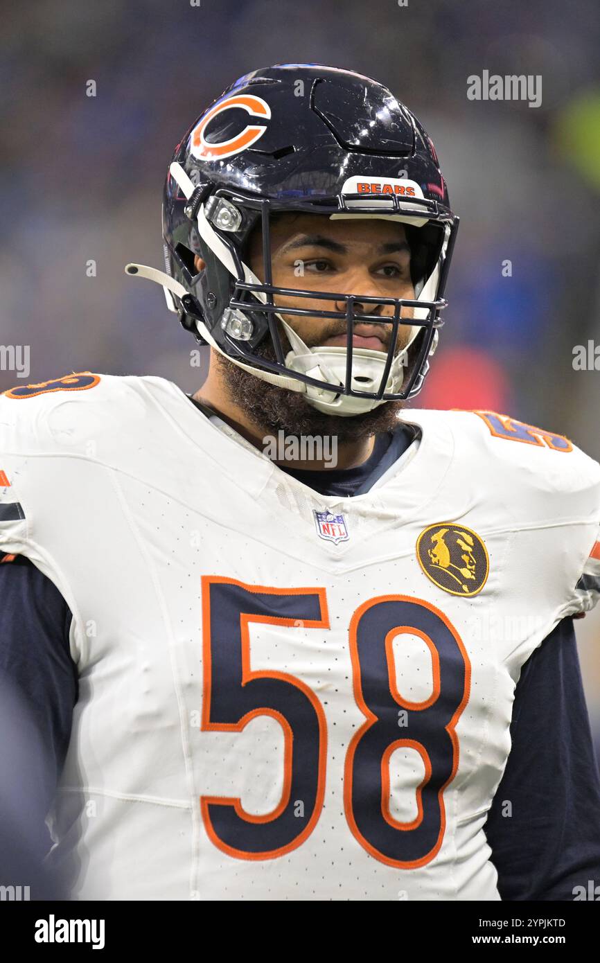 DETROIT, MI - 28. NOVEMBER: Chicago Bears OT Darnell Wright (58) während des Spiels zwischen Chicago Bears und Detroit Lions am 28. November 2024 im Ford Field in Detroit, MI (Foto: Allan Dranberg/CSM) Stockfoto