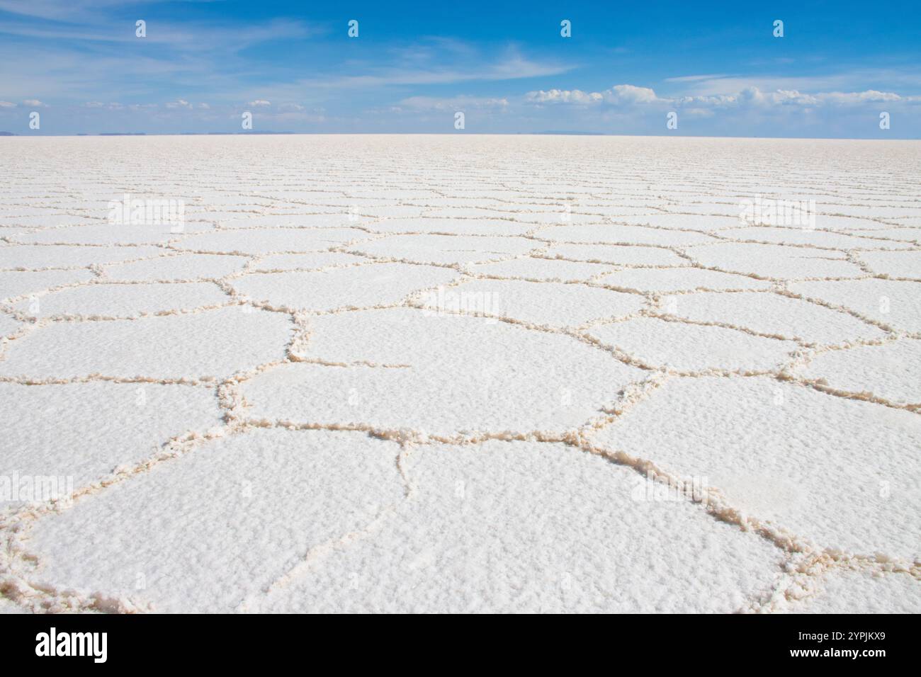 Weitläufiger Blick auf die unberührten weißen Salzebenen des Salar de Uyuni unter einem hellblauen Himmel, Bolivien, mit der größten Salzwüste der Welt. Stockfoto