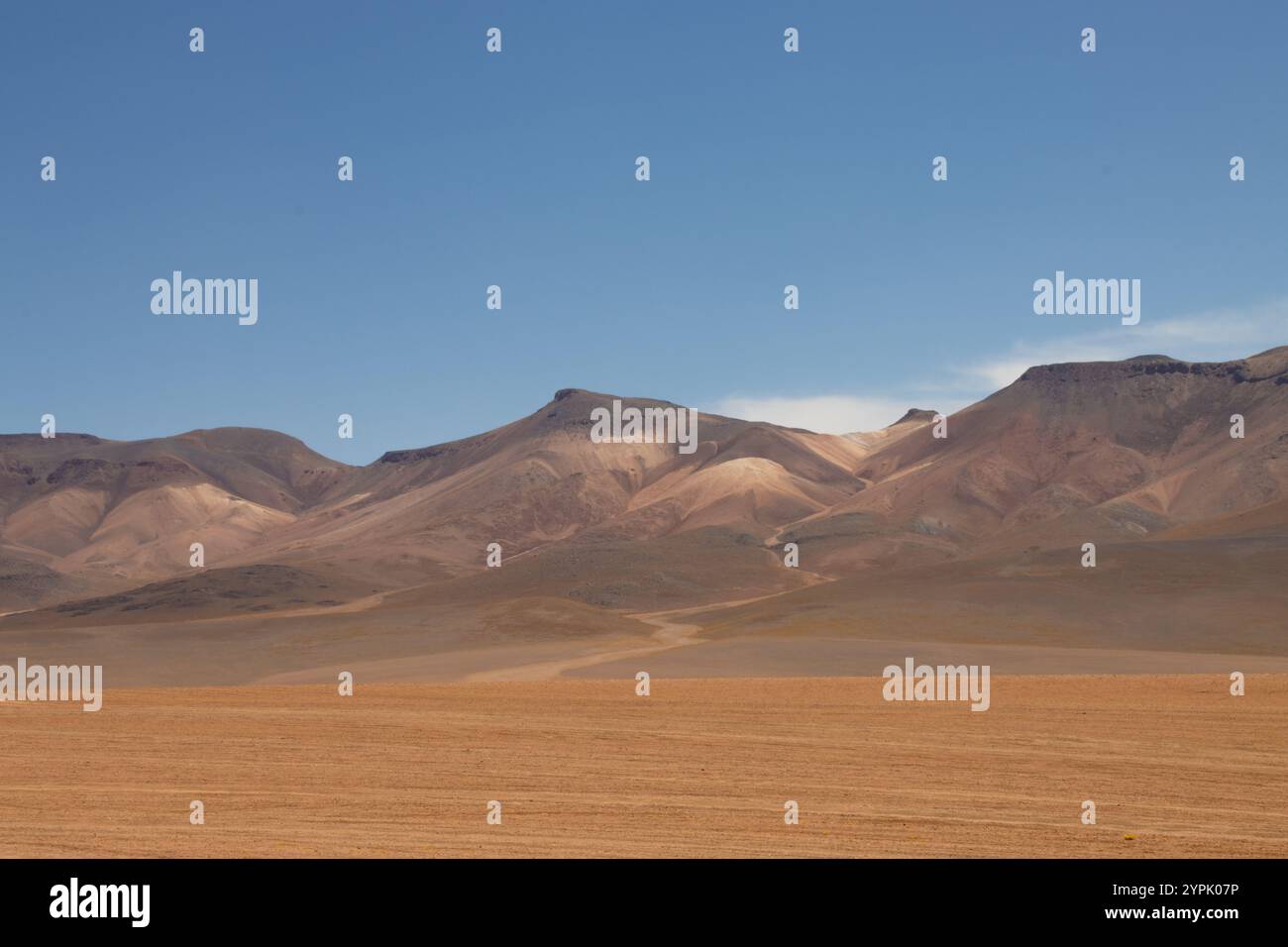 Eine atemberaubende Wüstenlandschaft im bolivianischen Altiplano mit trockenen Ebenen, majestätischen Bergen und einem weiten, klaren blauen Himmel in ruhiger Abgeschiedenheit Stockfoto