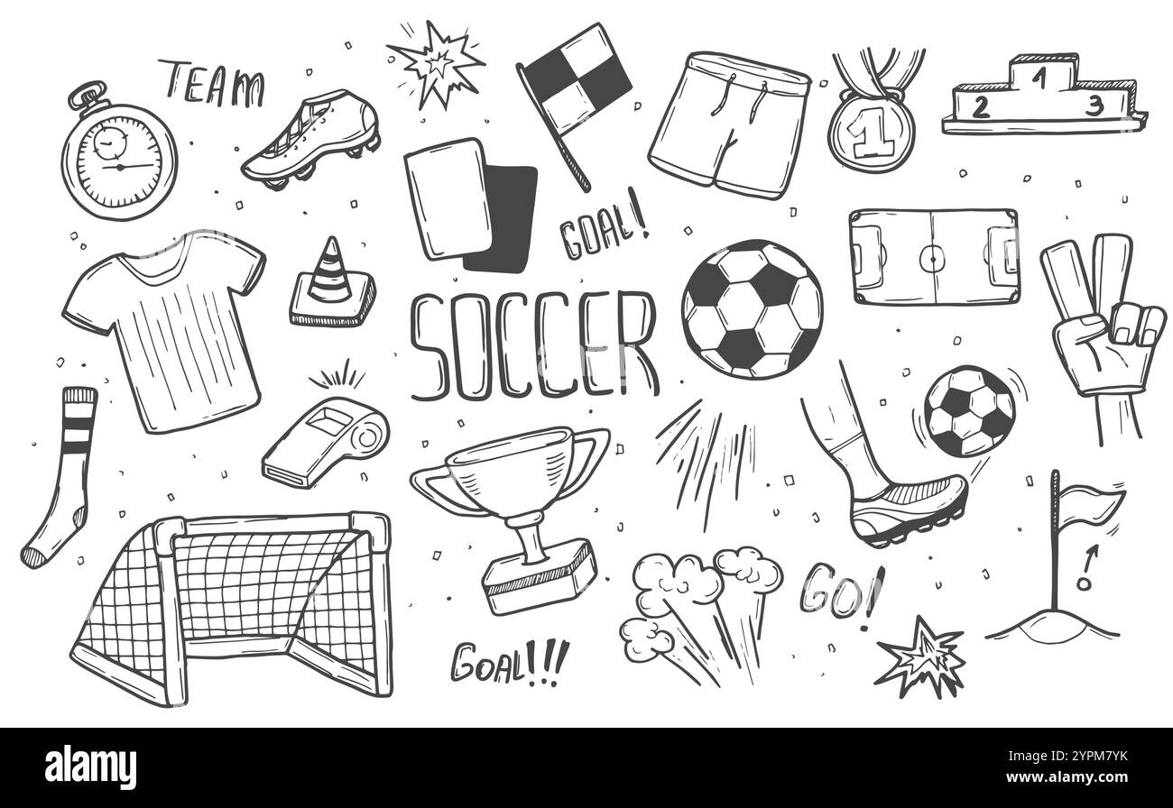 Vektor Hand gezeichnete Kritzeleien Zeichentrickset von Fußball-Objekten und -Elementen Stock Vektor