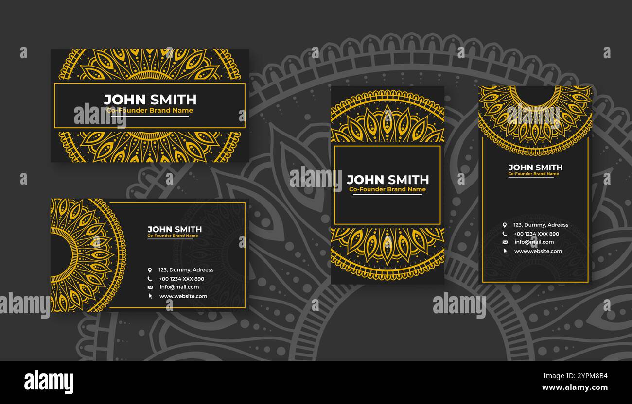 Luxuriöse schwarze Visitenkarte mit gelben Mandala-Dekorationsmustern und hellen floralen Zierelementen Stock Vektor