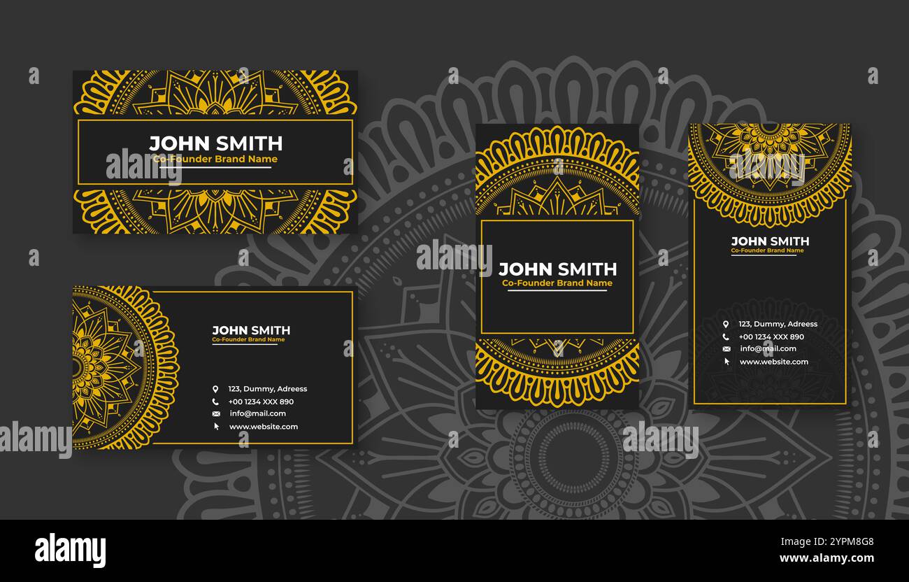Luxuriöse schwarze Visitenkarte mit gelben Mandala-Dekorationsmustern und hellen floralen Zierelementen Stock Vektor