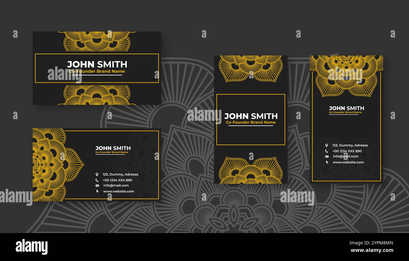 Luxuriöse schwarze Visitenkarte mit gelben Mandala-Dekorationsmustern und hellen floralen Zierelementen Stock Vektor
