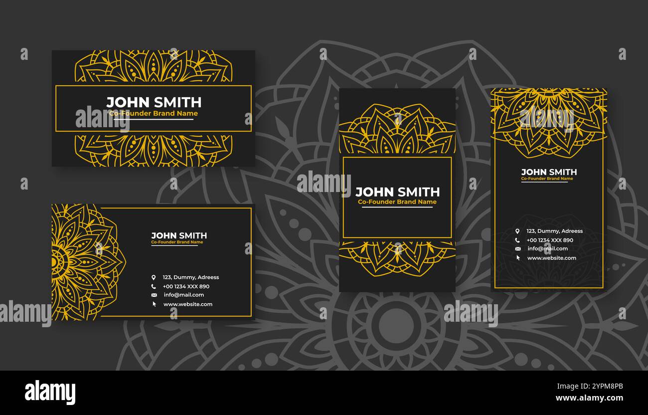Luxuriöse schwarze Visitenkarte mit gelben Mandala-Dekorationsmustern und hellen floralen Zierelementen Stock Vektor