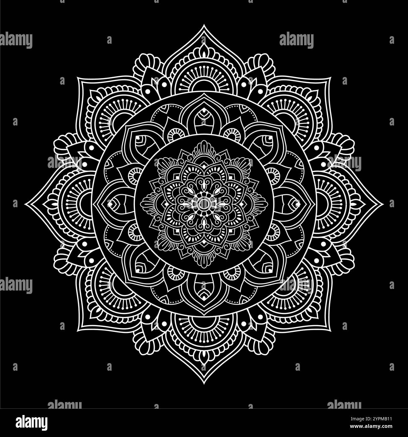 Weißes Mandala auf schwarzem Hintergrund, Muster-Schablone-Doodles-Skizze, runde Ornament-Muster für Henna, Mehndi, Tattoo Stock Vektor