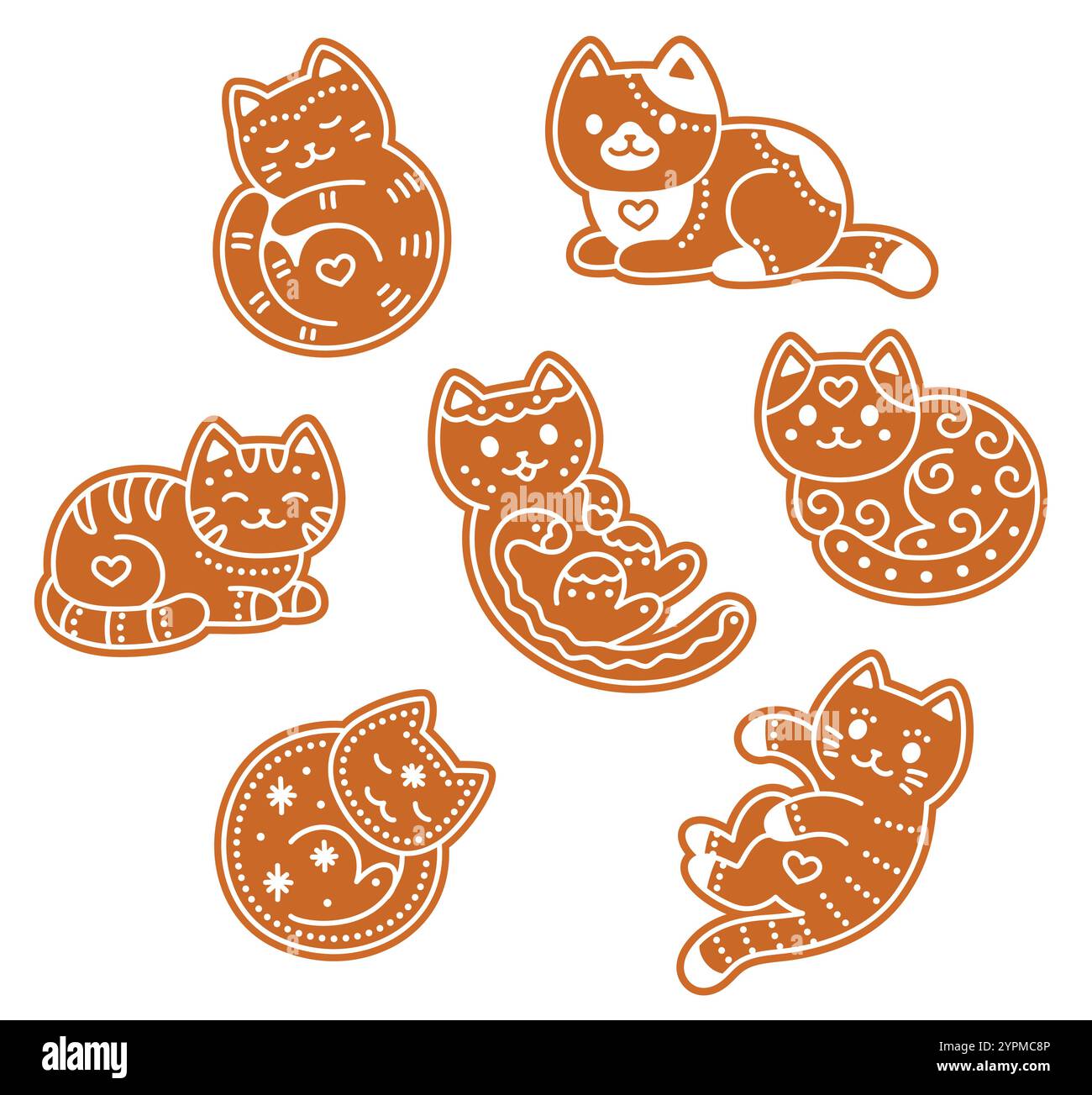 Set mit niedlichen Karikaturen Lebkuchen Katze Kekse. Einfache, liebenswerte handgezeichnete Kritzeleien. Weihnachtsvektor-Illustration. Stock Vektor