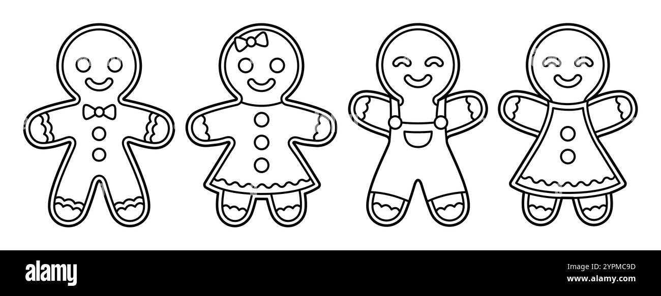 Set mit süßen Comic Lebkuchen Mann und Frau Kekse. Schwarz-weiße Strichsymbole, Umrisszeichnung zum Einfärben. Weihnachtsvektor-Illustration. Stock Vektor