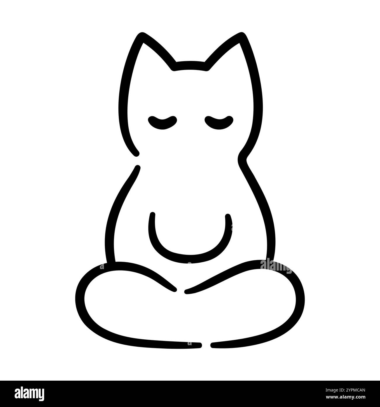 Katze sitzt in Meditation, einfache Umrisszeichnung. Niedliches schwarz-weißes Kätzchen, das in Lotusposition meditiert. Illustration von Vektorclips. Stock Vektor