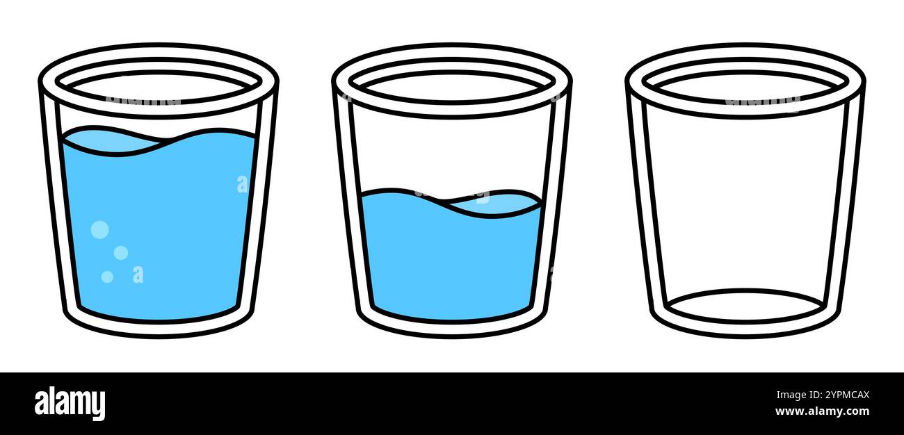 Drei Gläser Wasser: Leer, halb voll und voll. Zeichentrick-Doodle-Linie-Symbol, isolierte Vektor-Clipart-Illustration. Stock Vektor