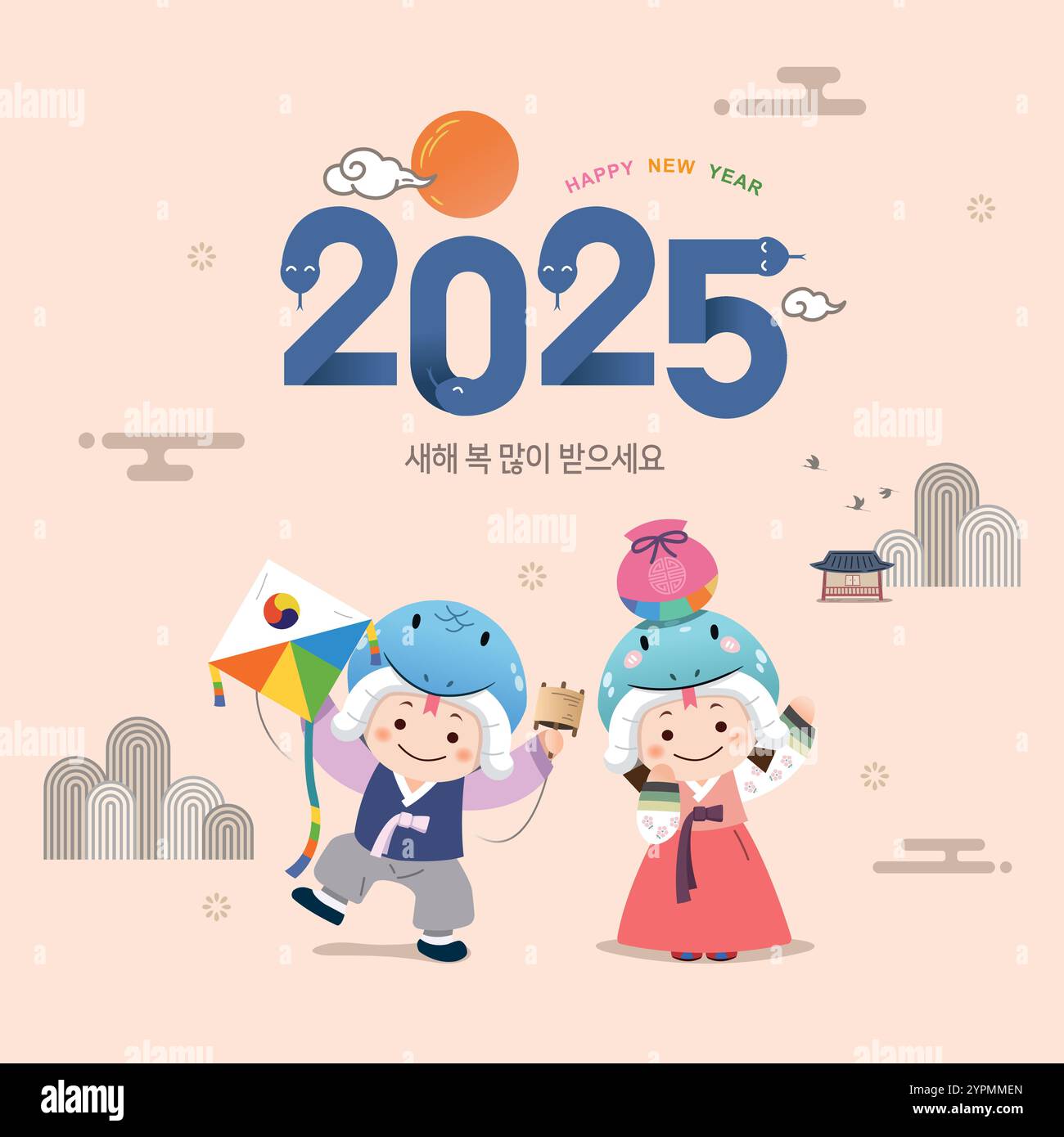 Koreanisches Neujahr. Eine Kinderfigur mit einem Schlangenmütze und einem Hanbok hält einen Drachen und eine Glückstasche, um 2025 willkommen zu heißen. Stock Vektor