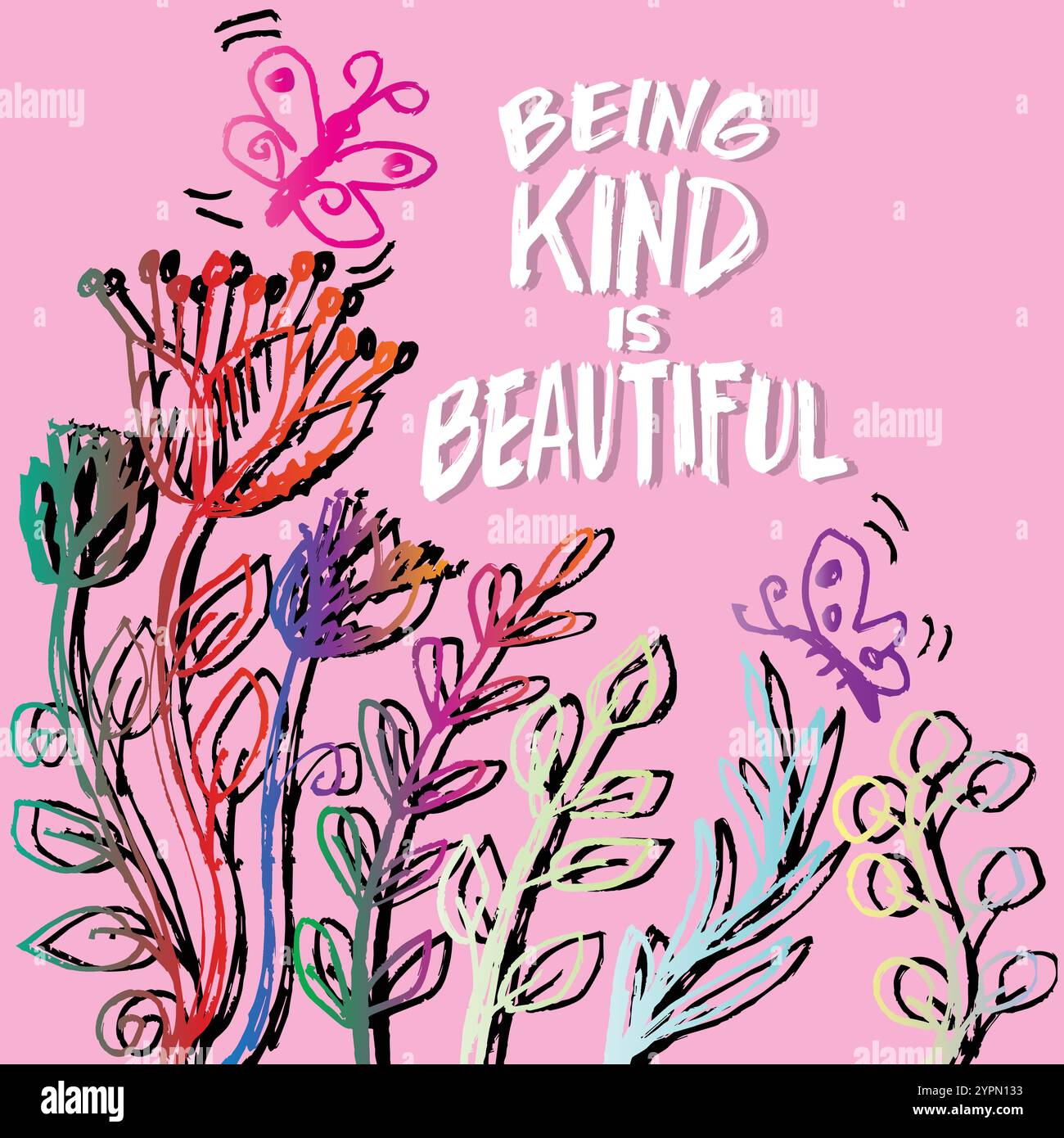 Hand gezeichnete Vektor-Illustration mit Blumen, Schmetterlingen und Text, der nett ist, ist schön. Stock Vektor