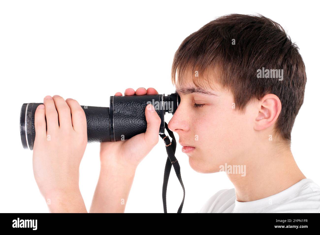 Teenager mit Monokel isoliert auf dem Weißen Stockfoto