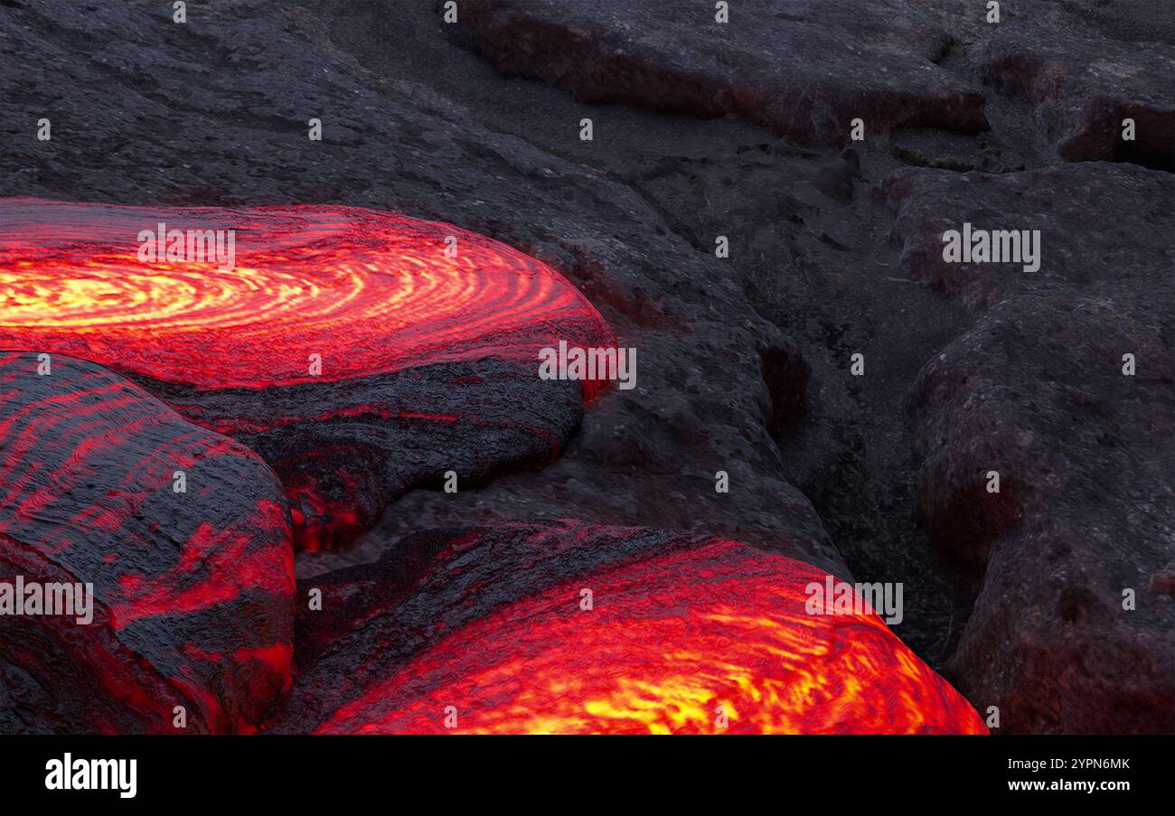 Leuchtende rote und orangene Lavaflüsse bilden einen auffälligen Kontrast zu dunklen vulkanischen Felsen und zeigen die rohe Kraft vulkanischer Aktivität. Stockfoto
