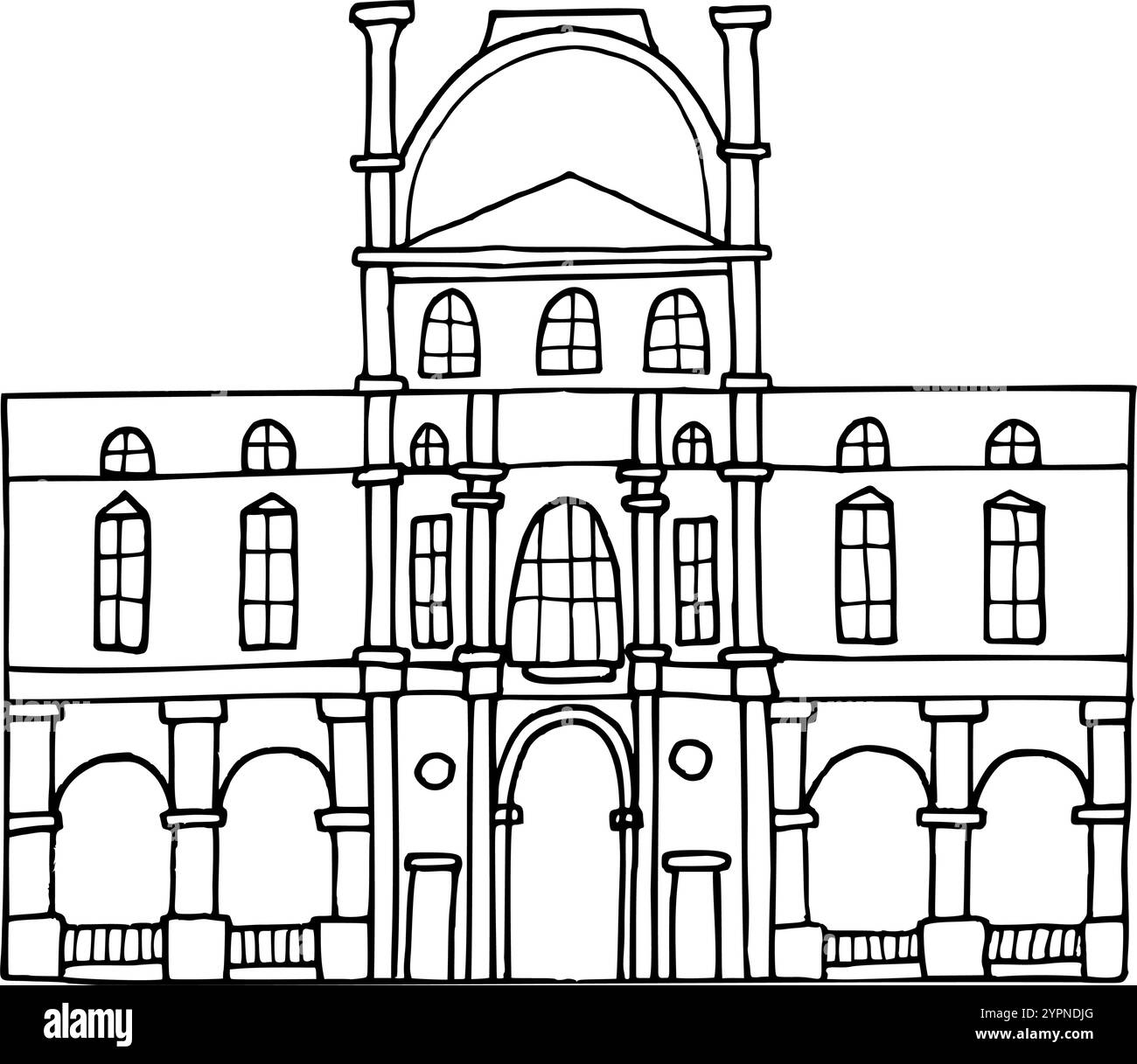 Silhouette des Museums Vektor Hand gezeichnete Illustration. Symbol von Paris. Vintage-Zeichnung mit schwarzer Tinte für Symbol, Logo oder Design Stock Vektor