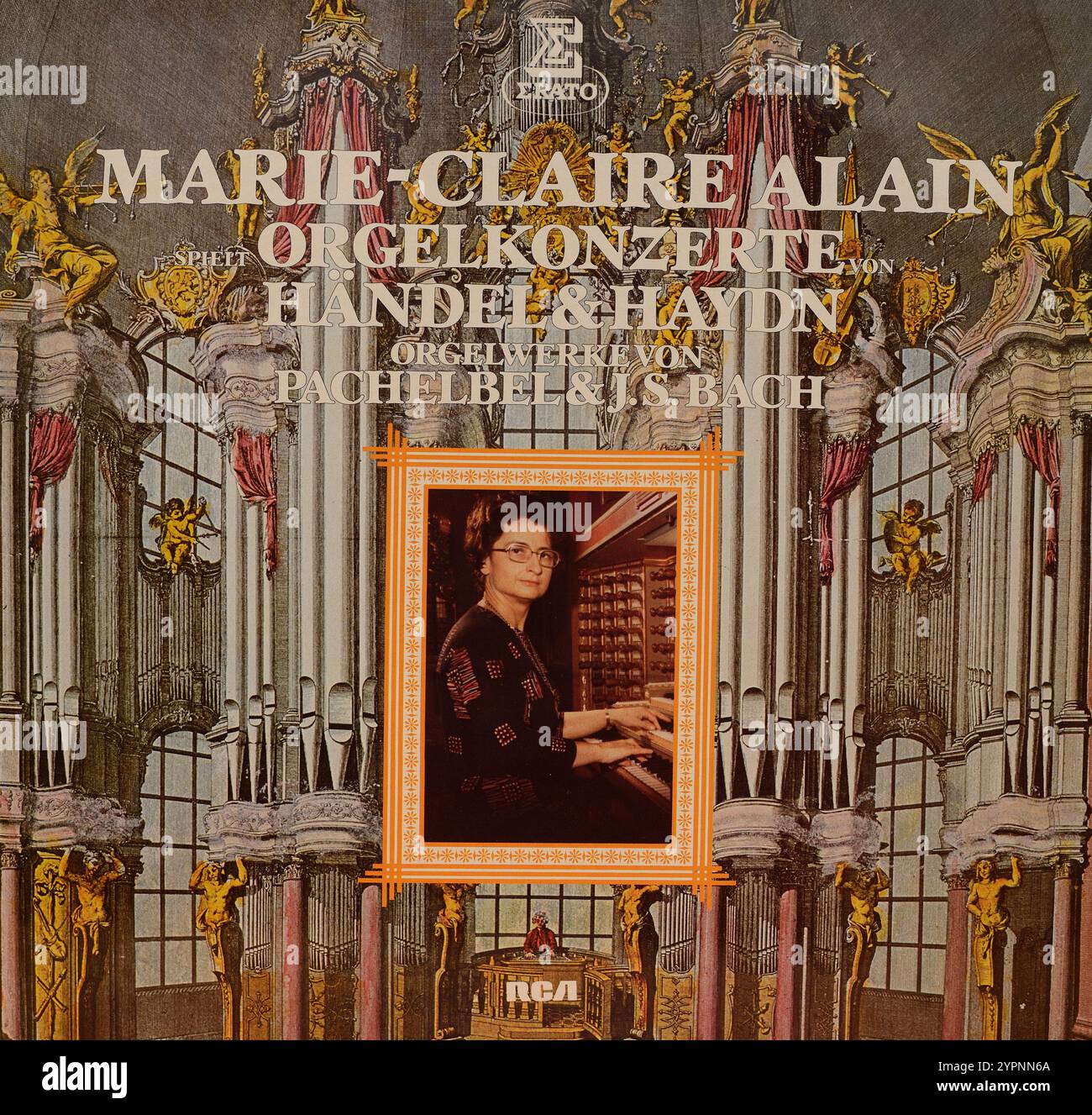 Plattencover aus Vintage-Vinyl. Marie Claire Alain, Orgelkonzerte von Georg Friedrich Händel und Joseph Haydn, Johann Pachelbel und Johann Sebastian Bach, 1980 Stockfoto