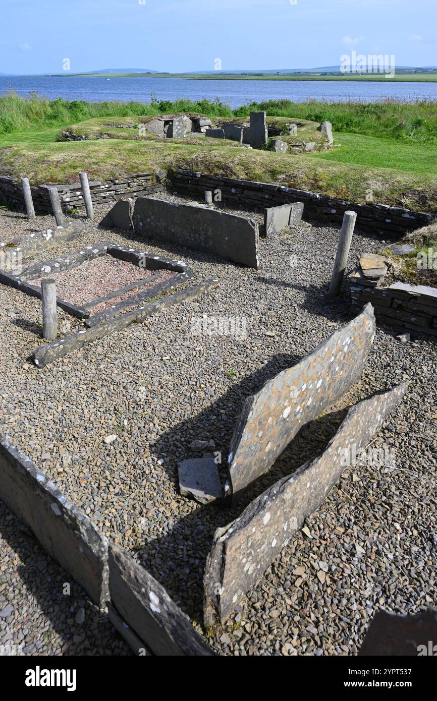 Überreste der neolithischen Barnhouse Village Siedlung neben Loch Harray auf dem Orkney Festland, Schottland Juni Stockfoto