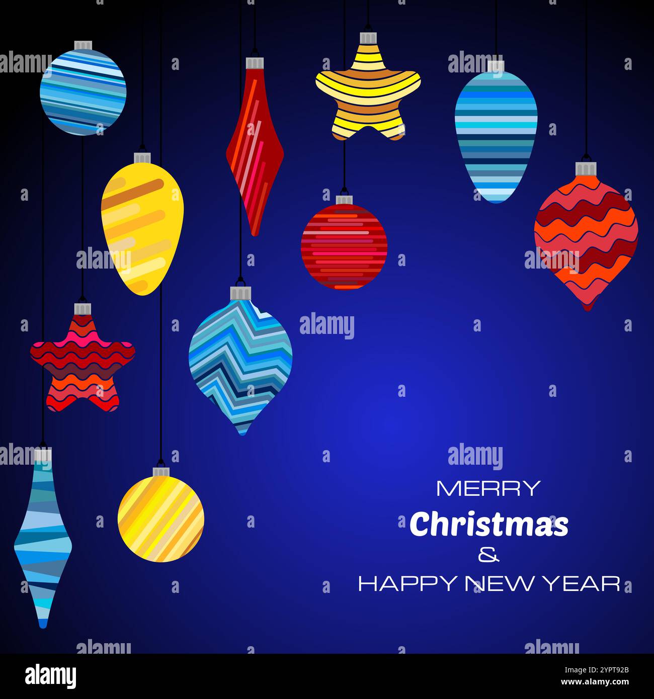 Frohe Weihnachten und Happy New Year dunkelblauer Hintergrund mit weihnachtskugeln. Vektor-Hintergrund für Ihre Grußkarten, Einladungen, festliche Poster Stock Vektor