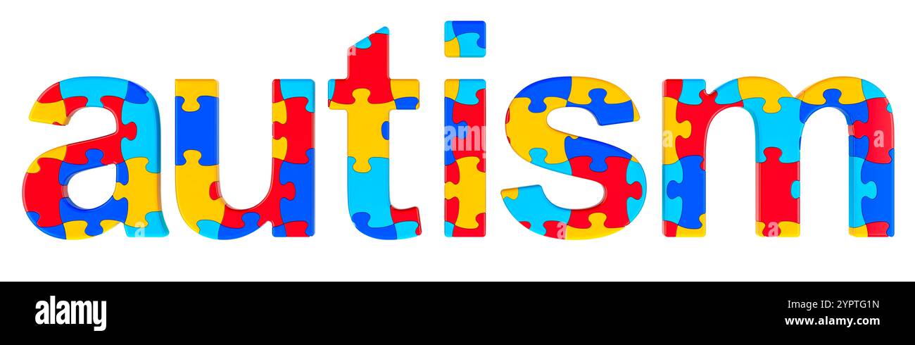 Autismuswort aus farbigen Puzzles, 3D-Rendering isoliert auf weißem Hintergrund Stockfoto