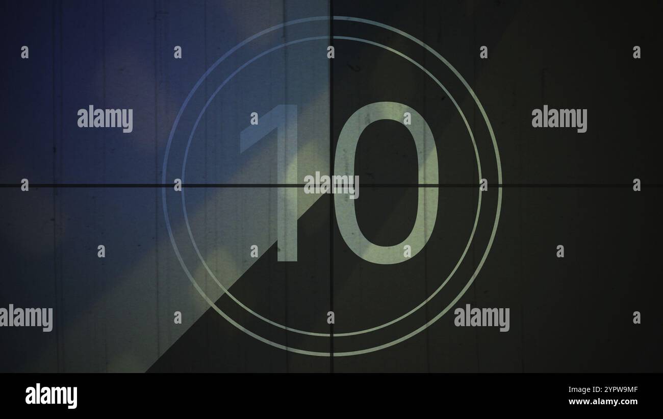Film Vintage Countdown Nummer 10. Filmstreifen mit Countdown-Nummer auf Grunge-Hintergrund. 2D-Animation alter Vintage-Film Countdown Retro-Down-Coun Stockfoto