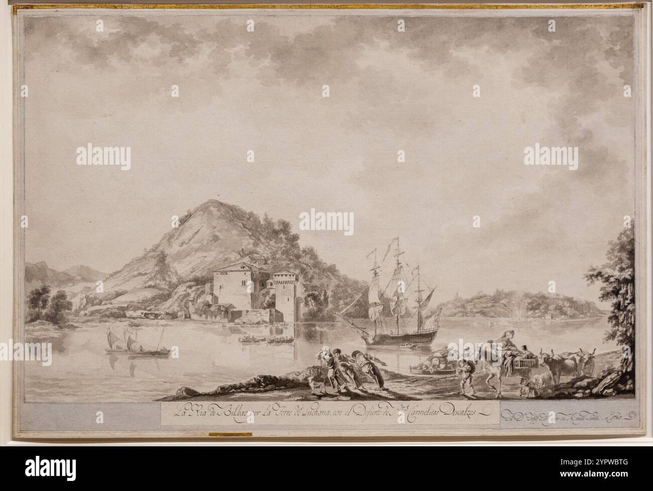 Die Mündung von Bilbao durch den Luchana-Turm mit der PS Carmelitas Descalzos Wüste. Luis Paret, 1785, Tinte und Kohle auf Papier, Museo de Bellas Ar Stockfoto