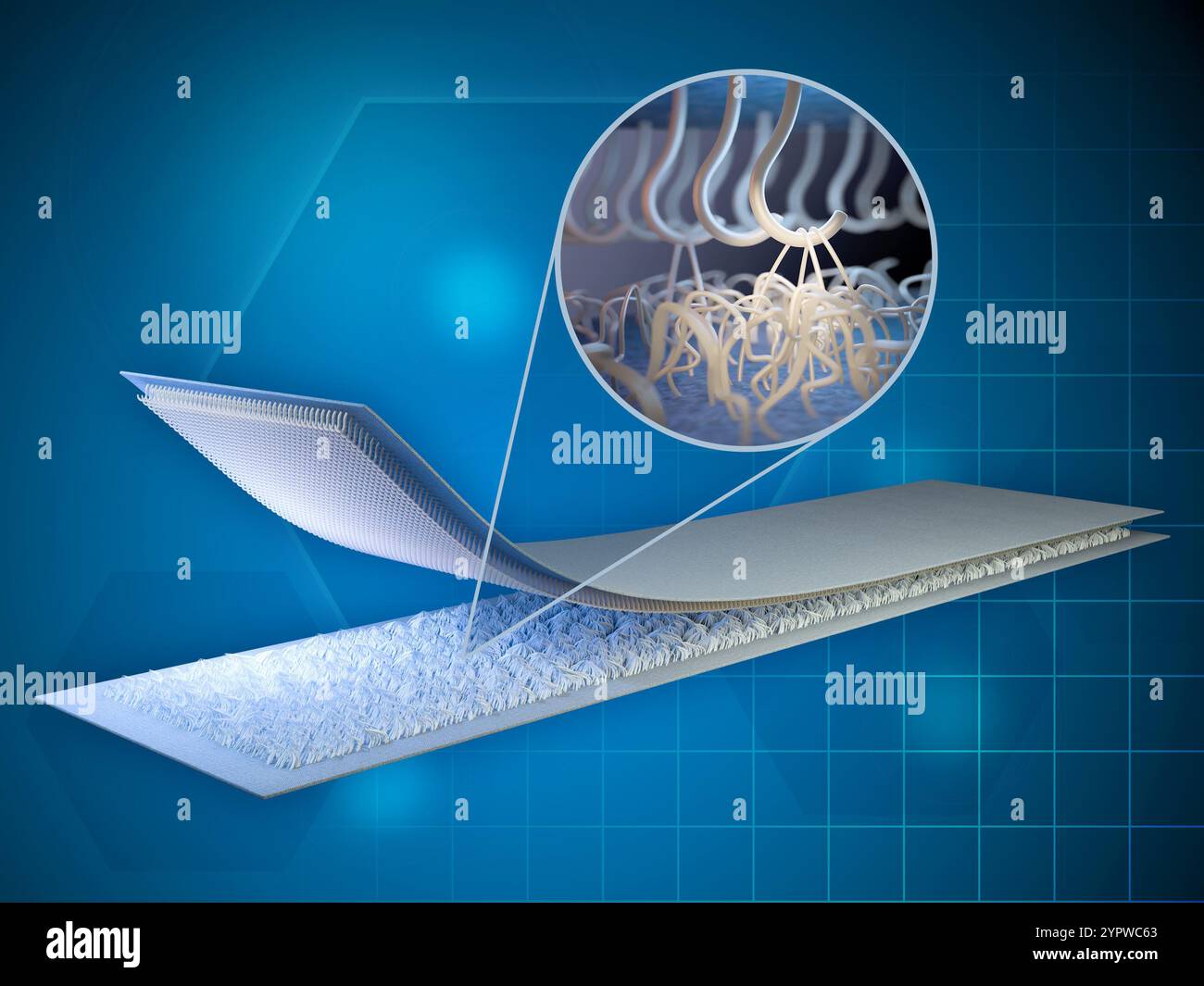 Nahaufnahme eines Klettstreifens. Digitale Illustration, 3D-Rendering. Stockfoto