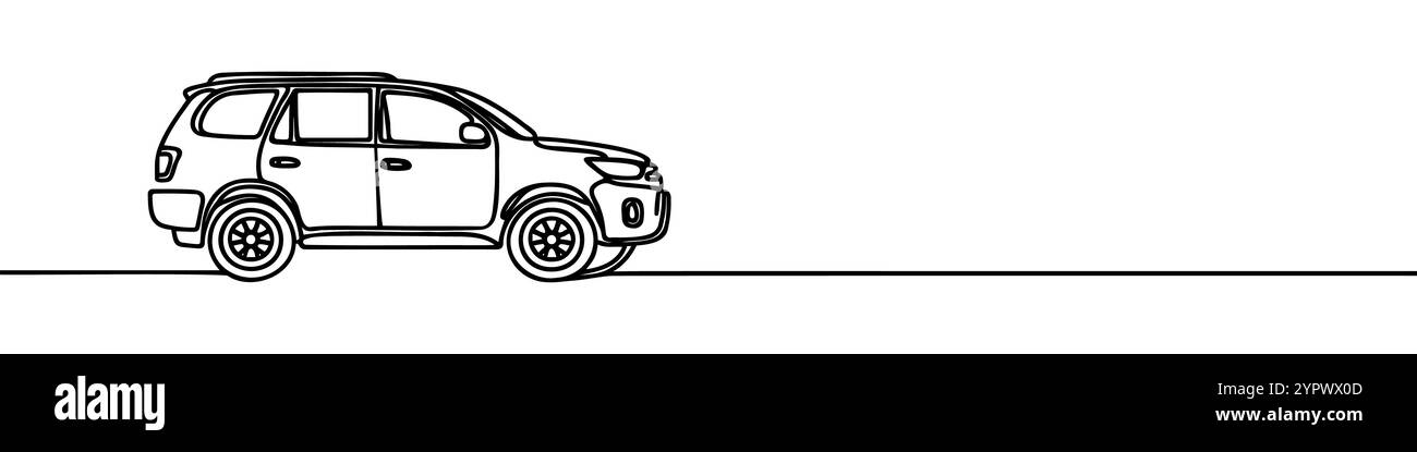 Eine Linienzeichnung eines robusten großen suv-Autos. Komfortables und sicheres Transportkonzept für die Familie. Einfache durchgehende Linienführung. Stock Vektor