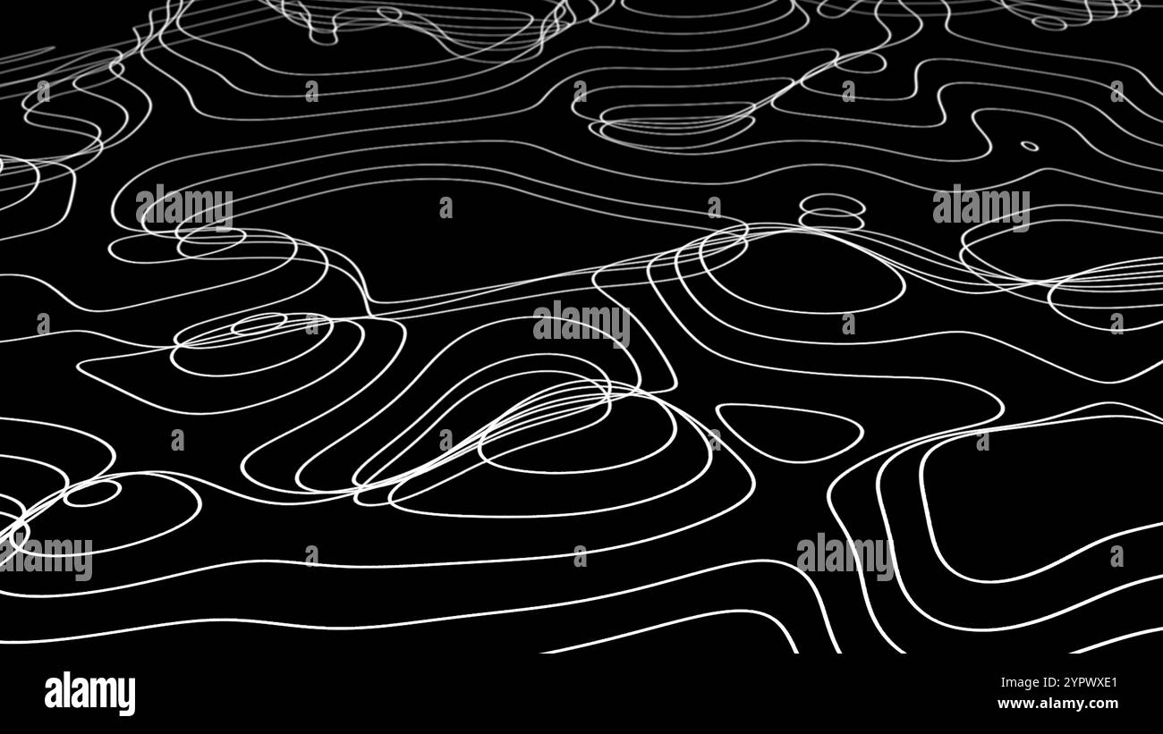 Topografischer 3D-Kartenhintergrund in Schwarzweiß Konzept abstrakter Hintergrund. Hintergrund der Wellenlinien der Raumplanung Stockfoto