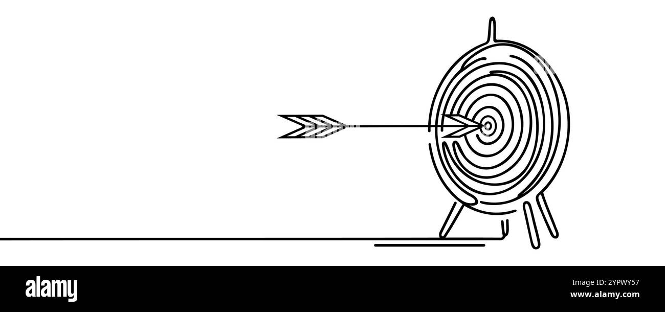 Ein einzelner einzeiliger Zeichenpfeil hat die Zielmarke nicht erreicht. Schuss-Fehlschlag. Fehler bei ungenauen Versuchen, das Bogenschießziel zu treffen. Meta für Fehler bei geschäftlichen Herausforderungen Stock Vektor