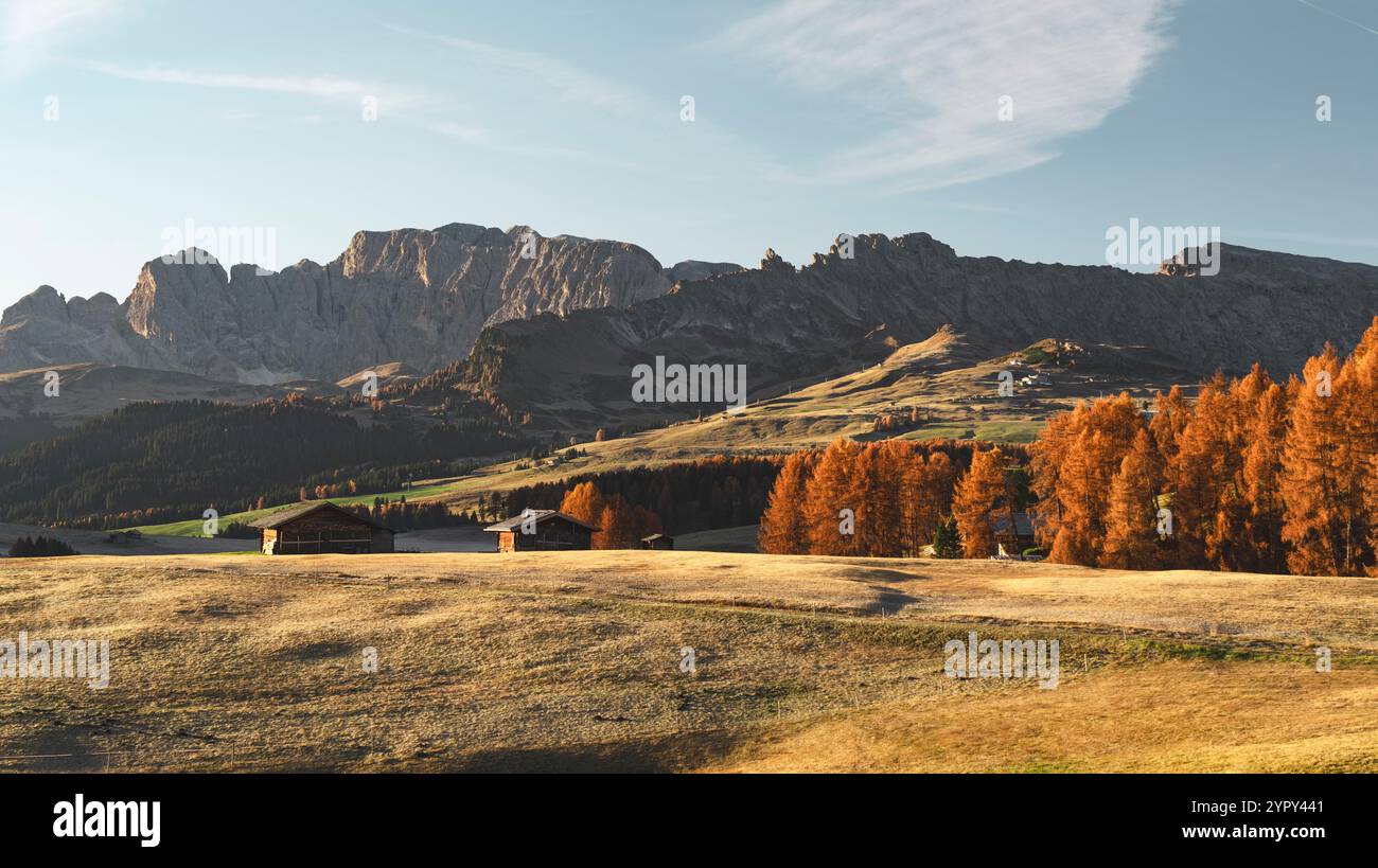 Ruhiger alpiner Sonnenaufgang: Erleben Sie die atemberaubende Schönheit von Herbstbäumen, majestätischen Bergen, lebhaften Herbstfarben und frühen schneebedeckten Gipfeln Stockfoto