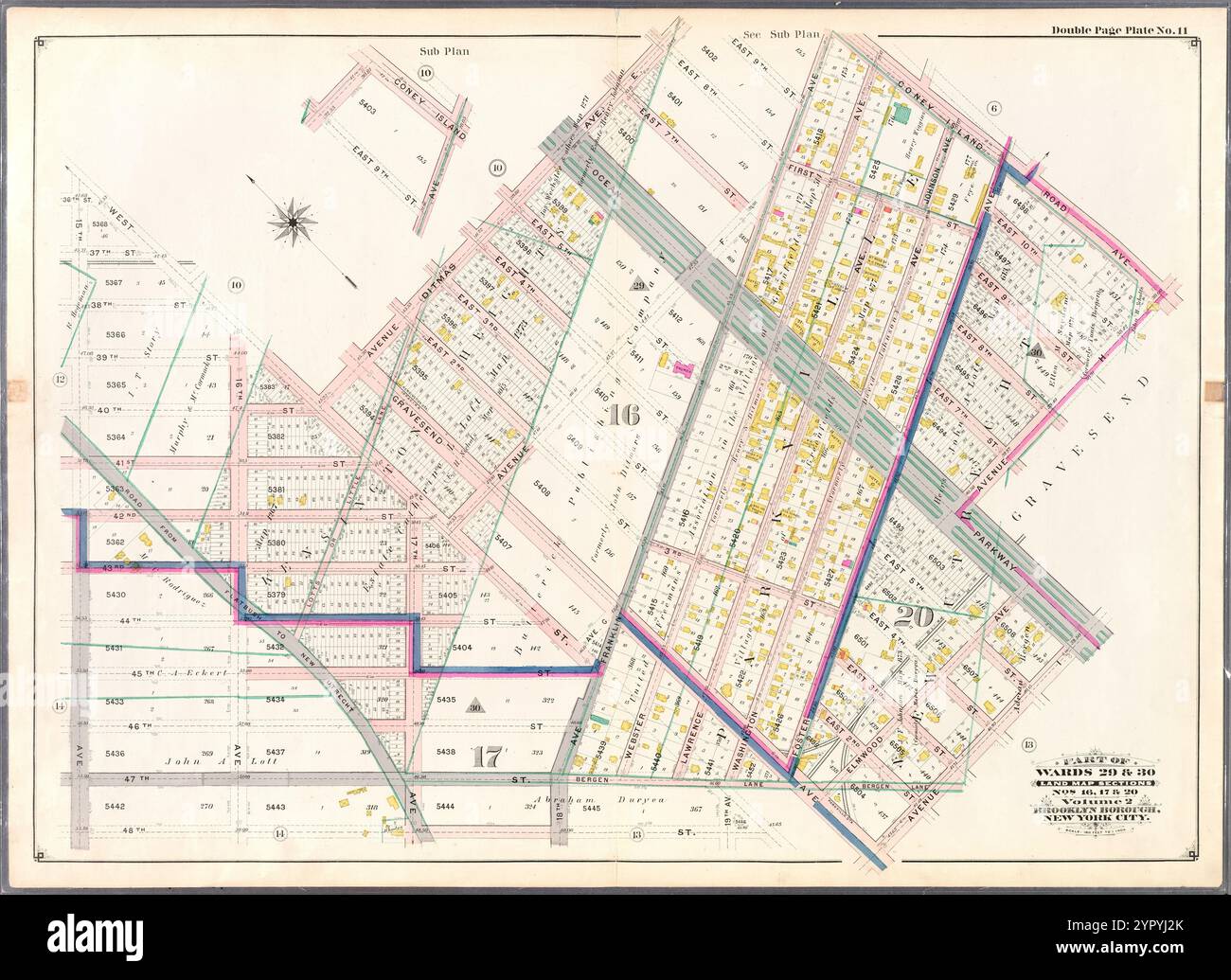 Begrenzt durch West Street, Ditmas Avenue (Avenue E), Coney Island Avenue, Avenue H, Ocean Parkway, Avenue I, Gravesend Avenue, 47th Street und 15th Street, Doppelplatte Nr. 11 1898 von Ullitz, Hugo. Stockfoto