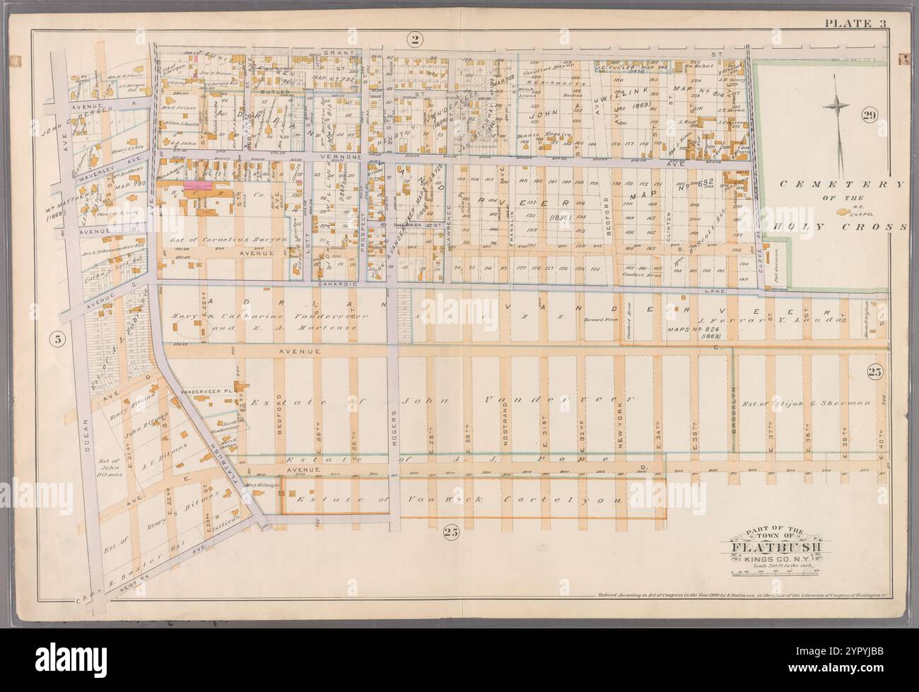 Platte 3: [Begrenzt durch Grant Street, Clove Drive (Friedhof des Heiligen Kreuzes), Canarsie Lane, E. 40th Street, Avenue D, Rogers Street, Newkirk Avenue, Ocean Avenue, Avenue A und Flatbush Avenue.] 1890 von Robinson, E. (Elisha) Stockfoto