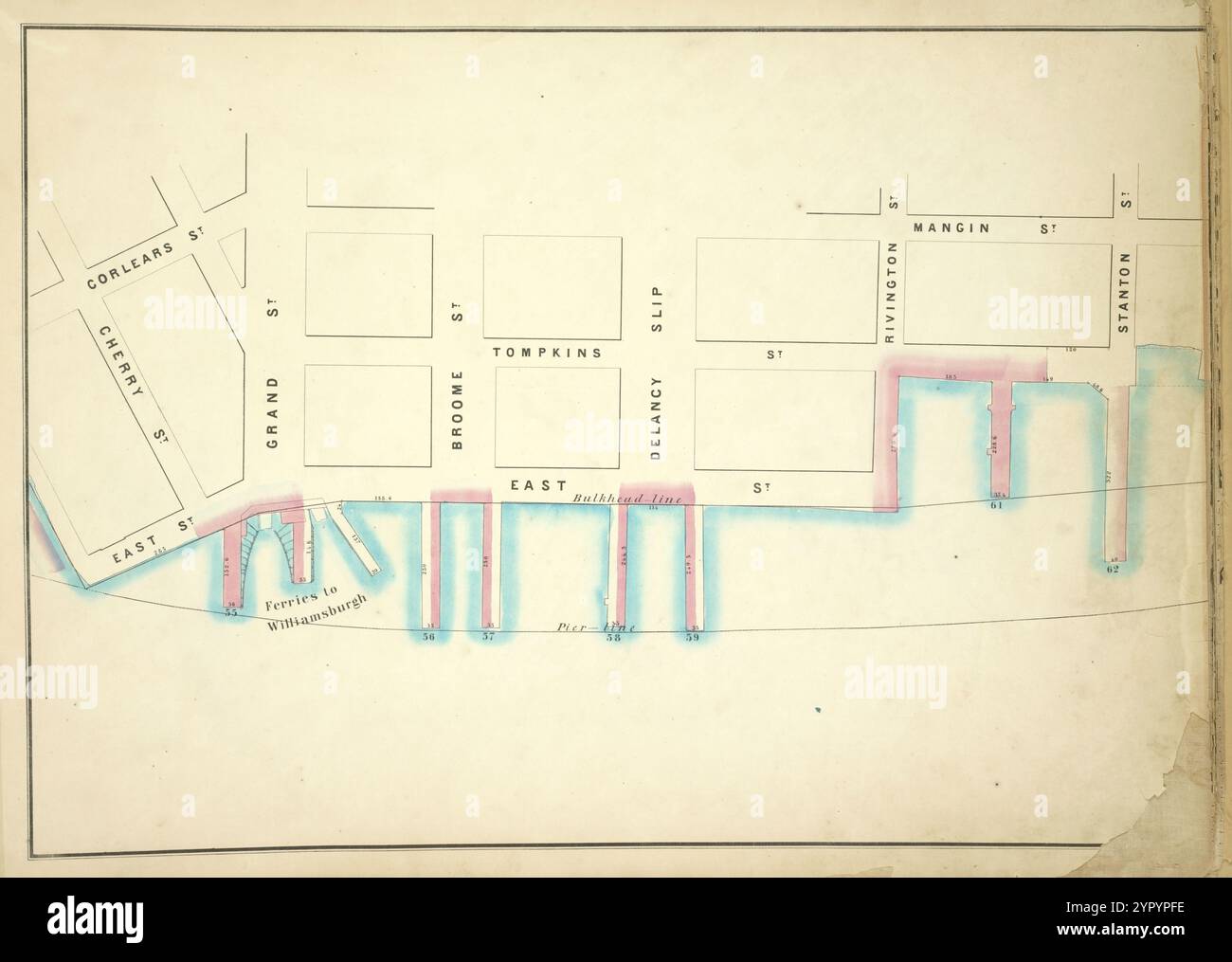 Karte begrenzt durch Corlears St, Mangin St, Stanton St, Pier - Linie 55-62, Cherry St; einschließlich Tompkins St, East St, Grand St, Broome St, Delancy Slip, Rivington St 1860 Stockfoto