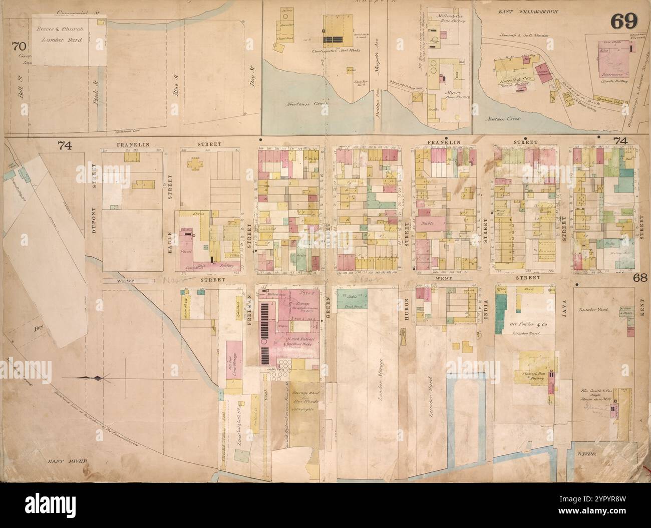 Brooklyn, Vol. 4, Double Page Plate No. 69; [Map Bounded by Bell St., Pink St., Blue St., Bay St., Maspeth Ave., East Williamsburgh, Newtown Creek, Franklyn St., Kent St.; Einschließlich East River Dupont St., Eagle St., Freeman St., West St., Green St., Huron St., India St., Java St.] 1868 von Higginson, J. H. (Verlag) Stockfoto