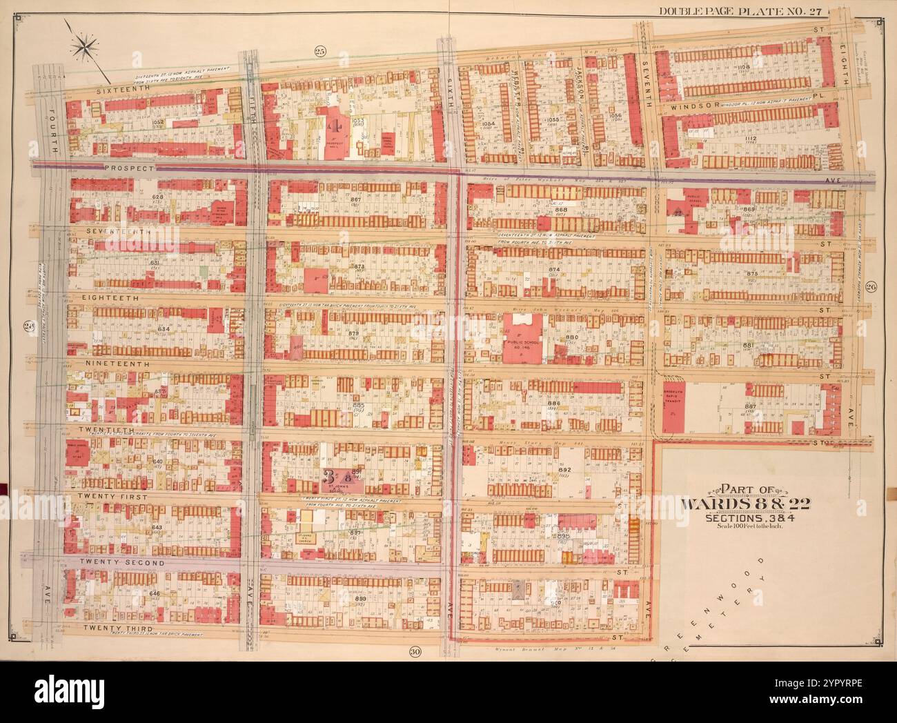 Brooklyn, Vol. 1, Double Page Plate No. 27; Part of Wards 8 & 22, Sections 3 & 4; Karte begrenzt durch 16th St., 8th Ave., 12th St.; einschließlich 7th Ave., 23rd St., 4th Ave.] 1903 - 1907 von E.B. Hyde & Co. Stockfoto