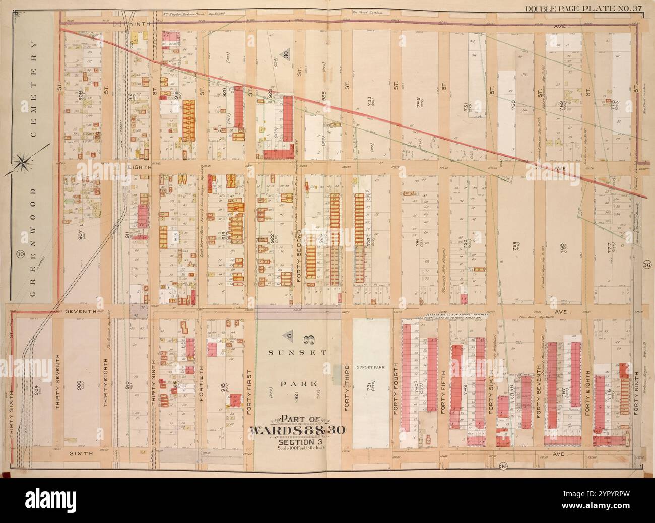 Brooklyn, Vol. 1, Double Page Plate No. 37; Part of Wards 8 & 30, Section 3; [Karte begrenzt durch 9th Ave., 49th St.; einschließlich 6th Ave., 36th St.] 1903 - 1907 von E.B. Hyde & Co. Stockfoto