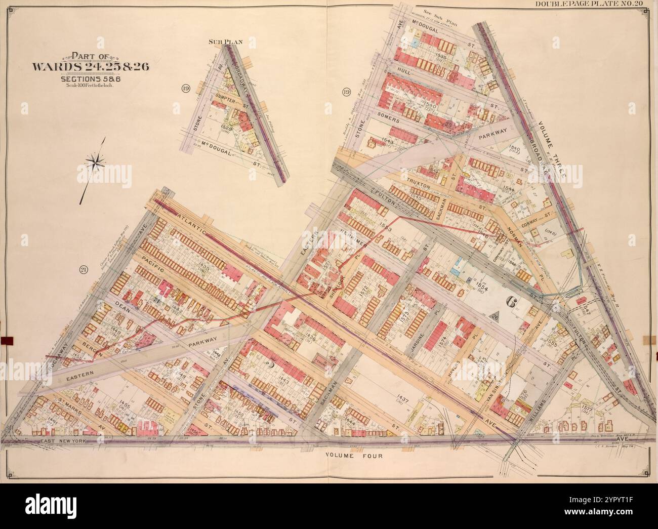 Brooklyn, Vol. 2, Double Page Plate No. 20; Part of Wards 24, 25 & 26, Sections 5 & 6; [Map Bounded by Stone Ave., Mc. Dougal St., Broadway, East New York Ave.; Einschließlich Rockaway Ave., Atlantic Ave., Eastern Parkway, Fulton St.]; Unterplan; [Karte begrenzt durch Broadway, Mc. Dougal St.; einschließlich Stone Ave., Sumpter St.] 1904 - 1912 von E.B. Hyde & Co. Stockfoto