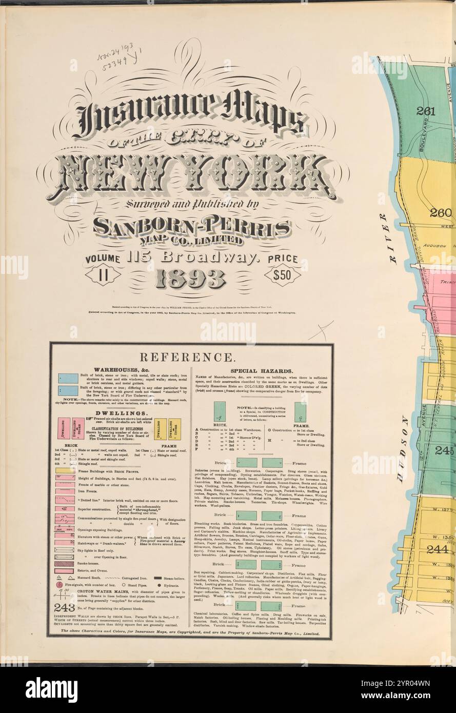 Versicherungskarten der Stadt New York. Vermessen und veröffentlicht von Sanborn-Perris Map Co., Limited, 115 Broadway, 1893. Band 11. 1893 Stockfoto