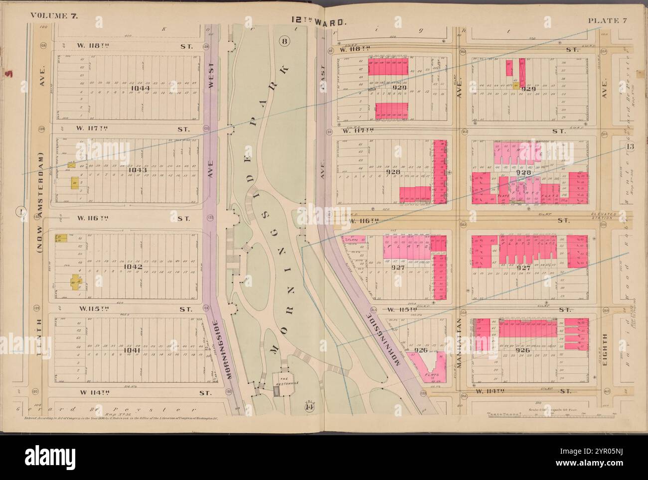 Karte begrenzt durch W. 118th St., 8th Ave., W. 114th St., 10th Ave., Plate 7 1890 von Robinson, E. (Elisha) Stockfoto