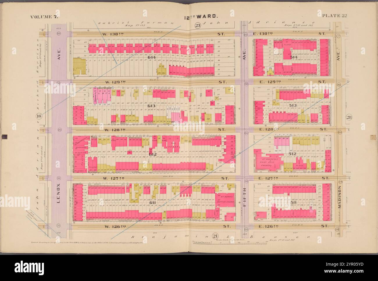 Karte begrenzt durch W. 130th St., Madison Ave., W. 126th St., Lenox Ave., Plate 22 1890 von Robinson, E. (Elisha) Stockfoto