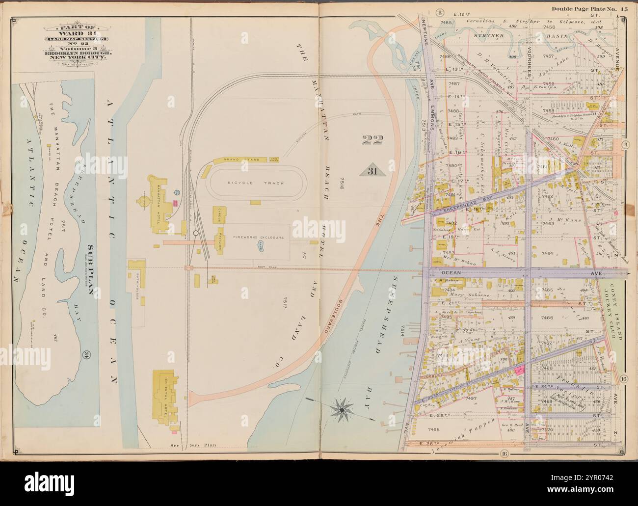 Begrenzt durch (Atlantic Ocean, Manhattan Beach Hotel and Land Co.) E. 12th St., Avenue Z, E. 26th St., (Sheepshead Bay) Emmons Ave. Und Neptune Ave., Doppelplatte Nr. 15 1899 von Ullitz, Hugo. Stockfoto