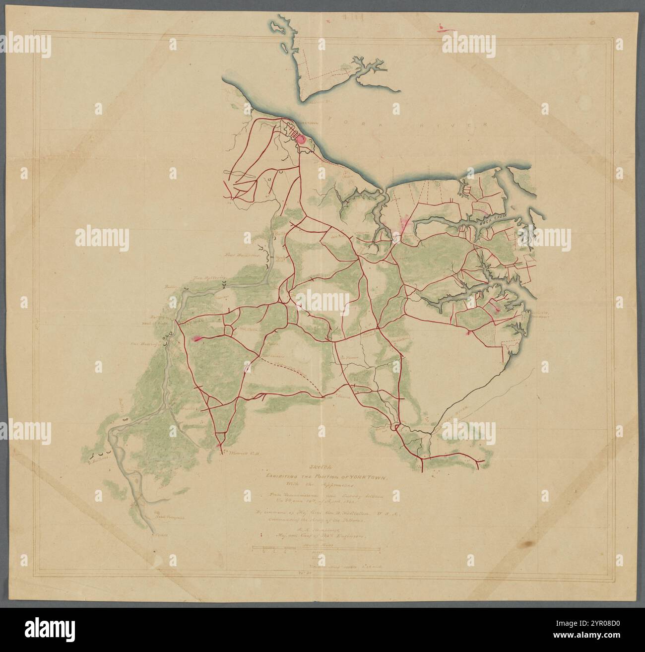 Skizze, die die Position von Yorktown mit den Annäherungen zeigt: Von der Aufklärung [sic] und Vermessung zwischen dem 5. Und 18. April 1862 1862 von Humphreys, A. (Andrew Atkinson), 1810-1883 Stockfoto
