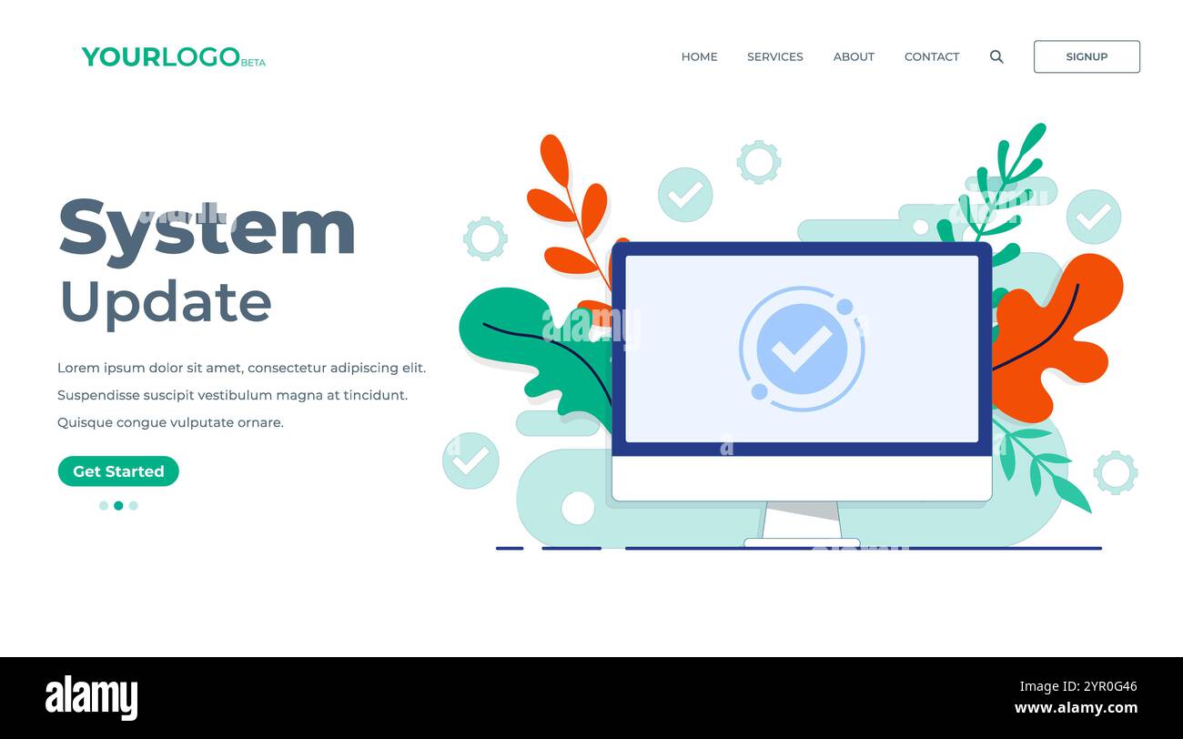 Software-Update auf dem Bildschirm der flachen Vektorgrafik des Desktop-Computers für die Landing-Page abgeschlossen Stock Vektor
