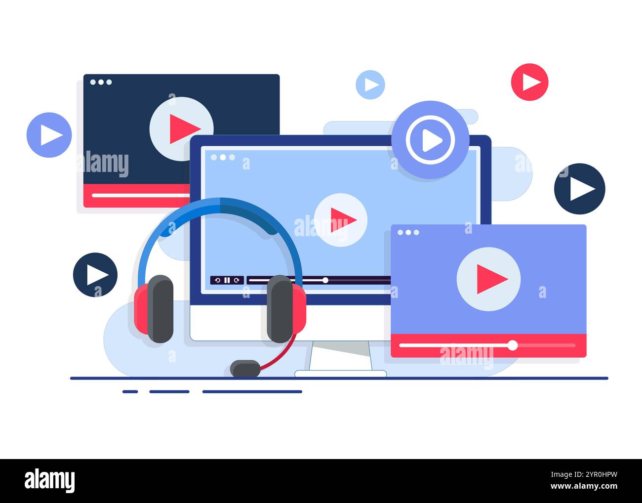 Video-Player auf Desktop-Computer-Bildschirm mit Headset-Flachbild, Konzept von Online-Videos, Filme, Schulungsmaterialien, Webkurse, onl Stock Vektor