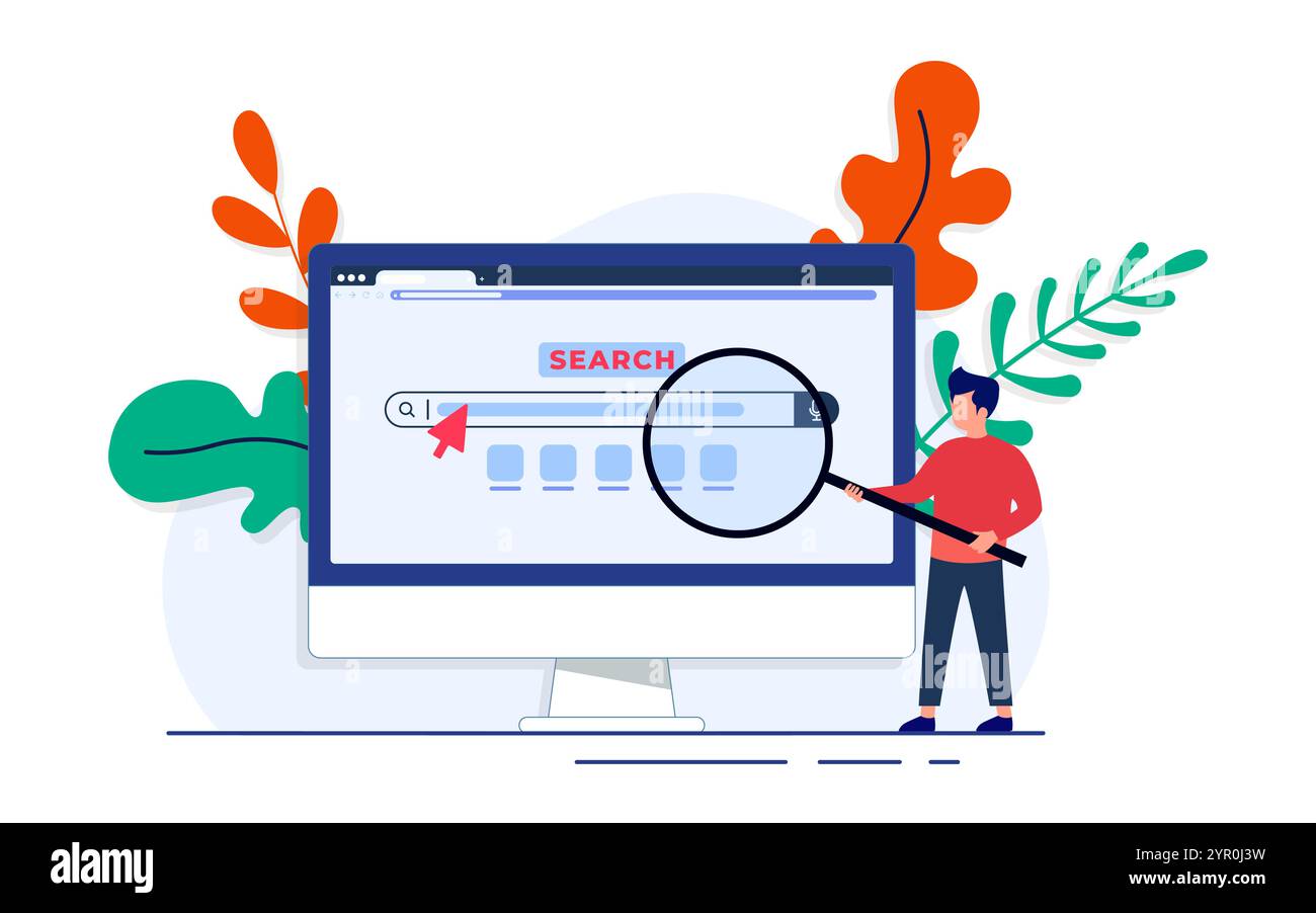 Suchmaschinenkonzept mit Menschen, die eine Lupe halten, Konzept der Homepage des Webbrowsers Stock Vektor