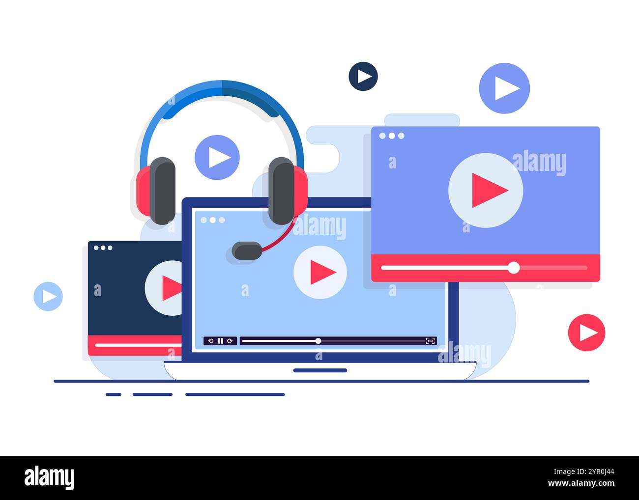 Video-Player auf Laptop-Bildschirm mit Kopfhörerabbildung, Konzept des Online-Videos, Filme, Lernmaterialien, Webkurse, ein Stock Vektor