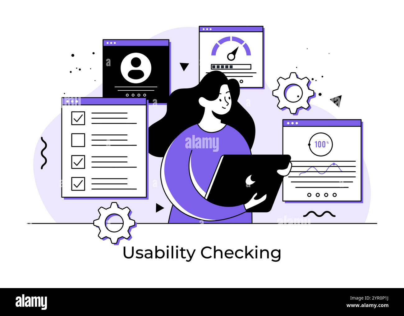 Usability Testing Flat Illustrations Concept, QS Engineering, Entwickler, Tester suchen Bugs, Website Testing, Software-Optimierungsprozess, Beta te Stock Vektor